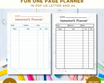 Homework Planner Printable, Back to School Theme Planner, Homeschool Homework Printable Planner for Kids, Back To School, Instant Download