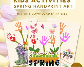 Handprint Spring Art Printable | Spring Fingerprint Art | Spring Craft for Kids | Handprint Flowers Activity | Springtime Homeschool Art