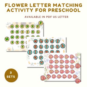 Actividad de emparejamiento de letras con flores para preescolar, 3 juegos de emparejamiento del alfabeto, imprimible de primavera y verano, imprimible para niños, reconocimiento de letras