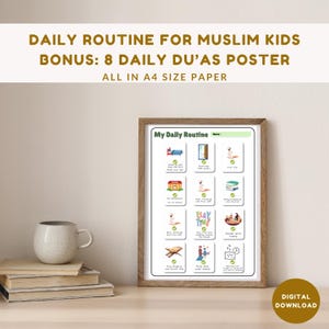 Puede incluir: Un póster imprimible con una rutina diaria para niños musulmanes. El póster incluye ilustraciones de actividades como rezar, leer, jugar y comer. El póster también incluye un bono de 8 du'as diarias. El póster está diseñado para papel tamaño A4.