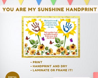 You Are My Sunshine Handprint Craft Art, Sunflower 2 Hands, Toddler and kids, DIY Gift Poster, Nursery Wall Decor, Printable Activity