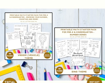 Printable Math Worksheets for Kindergarten, Number Bonds and Number Recognition Bundle, Dino + Vehicle Theme, Kindergarten Math Worksheets