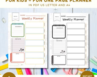 Weekly Planner Printable, Back To school Theme Planner, Homeschool Weekly Schedule, Printable Planner for Kids, Instant Digital Download