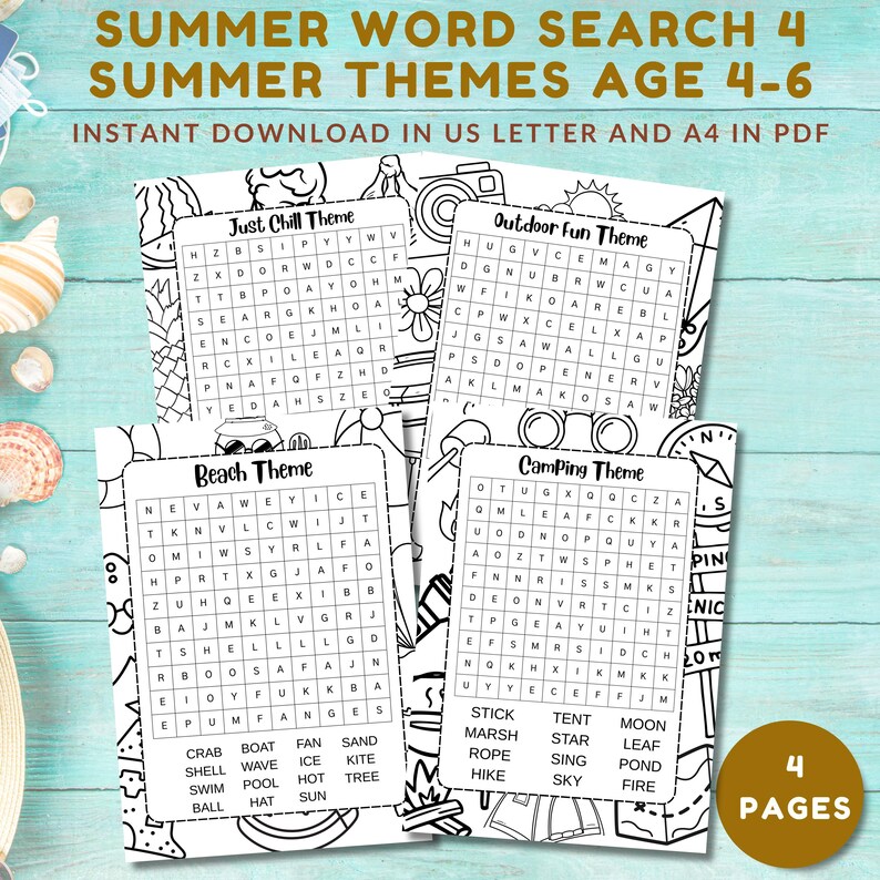 Summer Word Search Kids Printable – 4 Fun Themes for Ages 4-6, Coloring ...