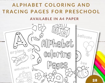 Alphabet Tracing and Coloring Pages for Preschool – 4 Vocabulary Words per Letter | ABC Worksheets for Toddlers and Homeschool Printable