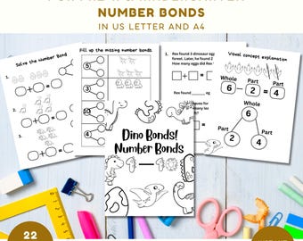 Dino Bonds Number Bonds 1–10, Printable Math Worksheets, Kindergarten Addition and Subtraction, Homeschool, A4 & US Letter, Instant Download