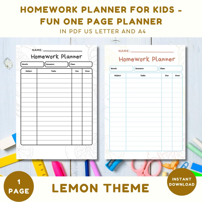 Homework Planner Printable, Lemon Theme Planner, Homeschool Homework ...