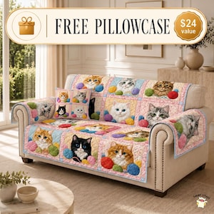 Cats Yarn Quilted Sofa Cover, Patchwork Kitten Couch Cover, Cute Cats Slipcover, Cozy Kitten Sofa Protector, Cat LoverLiving Room Decor