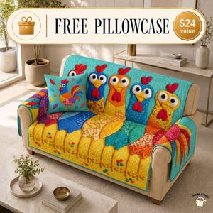 Funny Chicken Quilted Sofa Cover, Rooster Couch Cover, Patchwork Chicken Slipcover, Farm Animal Sofa Protector, WhimsicalLiving Room Decor