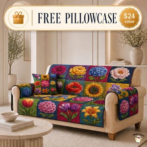 Housse de canapé matelassée en patchwork floral, housse de canapé Garden Bloom, protège-canapé tulipe pivoine, housse de couette de jardin, décoration florale de salon