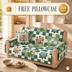 Floral Patchwork Quilted Sofa Cover, Rose Daisy Couch Cover, Hydrangea Sofa Protector, Garden Quilt Slipcover, CottageLiving Room Decor