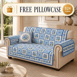 Patchwork Daisy Quilted Sofa Cover, Blue Floral Couch Cover, Country Floral Sofa Protector, Blue Quilt Slipcover, FloralLiving Room Decor