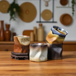 Juego de tazas de cerámica rústica hechas a mano, vasos de té y café de cerámica Wabi Sabi, regalo de cerámica de estilo japonés para él o ella, artículos para beber de otoño.