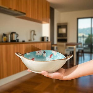Handmade Japanese Ceramic Serving Bowl with Handles – Floral Blue Pottery for Soup, Ramen, Pasta – Unique Vintage Style Gift Idea