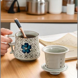 Handmade Ceramic Tea Mug with Lid & Strainer | Blue Floral Cup for Loose Leaf Tea | Gift for Tea Lovers | Boho Pottery Kitchen Decor