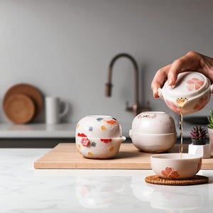 Charming Ceramic Travel Tea Set – Compact Teapot & Cup – Portable Teaware Gift for Tea Lovers – Japanese Style Tea Set
