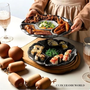 Geteilte Servierplatte aus Porzellan für Vorspeisen, Sushi, Gewürze