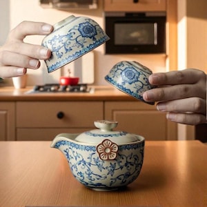 Taza de té de cerámica hecha a mano con tapa y colador / Taza de té de hojas sueltas con diseño floral azul / Regalo de cerámica bohemia para amantes del té / Decoración para estantes de cocina