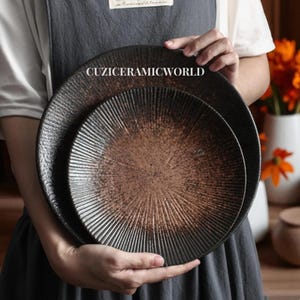 Luxus schwarz glasierte Steinzeug Speiseteller - Rustikales japanisches Keramik Set, elegantes handwerkliches Geschirr