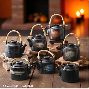 Tetera de cerámica japonesa hecha a mano con mango de bambú, artículos de té vintage Rituals