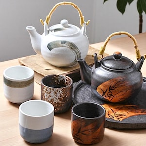 Vintage Japanese Porcelain Tea Set | Retro Teapot with Bamboo Handle | Black & White Cups with Tray | Asian Style Tea Ceremony Gift