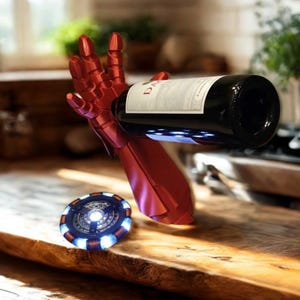 Portabotellas de vino con forma de mano de Iron Hero: botellero decorativo de 23 cm, inspirado en superhéroes en rojo y dorado.