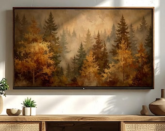 May include: A living room featuring a large framed artwork depicting a forest scene in shades of brown, orange, and green. Below the artwork is a wooden media console with woven rattan panels and open shelving. Decorative vases and plants add to the room's aesthetic.