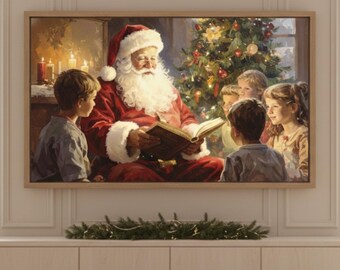 Illustration vintage du père Noël lisant à un cadre pour enfants (téléchargement numérique)