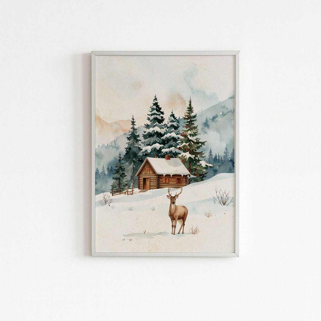 Winter Deer and Cabin Wall Art | Snowy Pine Forest Christmas Print ...