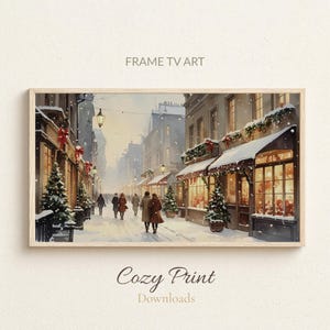 Neutral Christmas Frame TV Art | Snowy City Street Lights | Winter Market Digital Download