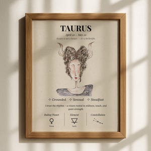 Taurus Zodiac Wall Art Print – Minimalist Astrology Poster – Taurus Woman Digital Download – Earth Sign Decor