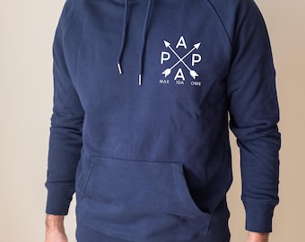 Sudadera con capucha personalizada para papá con nombres de niños, sudadera de algodón orgánico personalizada para papá (Est. 2026), regalo para papá primerizo con certificación GOTS, jersey grueso.