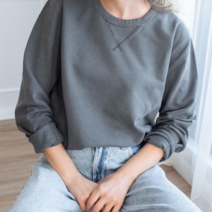 Puede incluir: Una sudadera gris carb&oacute;n con cuello redondo y mangas largas. La sudadera tiene un detalle cosido en el cuello y se combina con vaqueros de mezclilla de lavado claro. La modelo est&aacute; sentada, con las manos entrelazadas en el regazo.