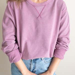 Puede incluir: Una sudadera de color malva con cuello redondo y mangas largas. El escote presenta un detalle decorativo de punto de cruz. Los pu&ntilde;os y el dobladillo son de un tono malva m&aacute;s oscuro. La sudadera se combina con unos vaqueros azules.