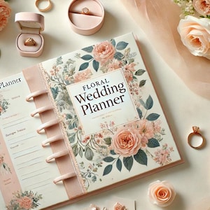 Puede incluir: Un planificador de bodas floral rosa con el título "Floral Wedding Planner" en la portada. El planificador está rodeado de anillos, flores y otros artículos con temática de bodas.