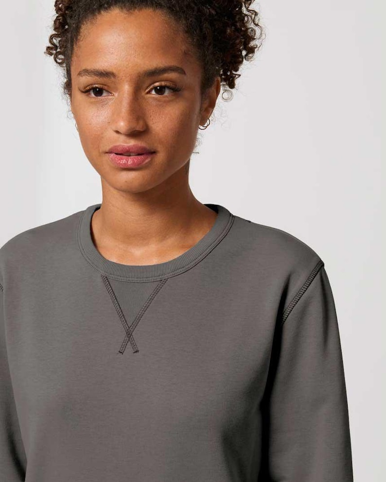 Puede incluir: Una sudadera gris de cuello redondo con un detalle de cuello en V cosido. La sudadera tiene mangas largas y un dise&ntilde;o sencillo y cl&aacute;sico. La tela parece ser un material suave y c&oacute;modo, adecuado para ropa casual.