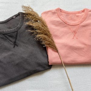 Puede incluir: Se muestran dos sudaderas de cuello redondo, una gris antracita y otra rosa coral. Ambas camisas tienen un detalle de cuello en V cosido. Un tallo de planta seca descansa sobre las camisas. Las camisas est&aacute;n cuidadosamente dobladas.