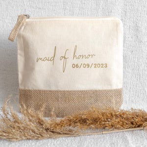 Personalized Bridesmaid Makeup Bag: Jute Cotton Cosmetic Pouch