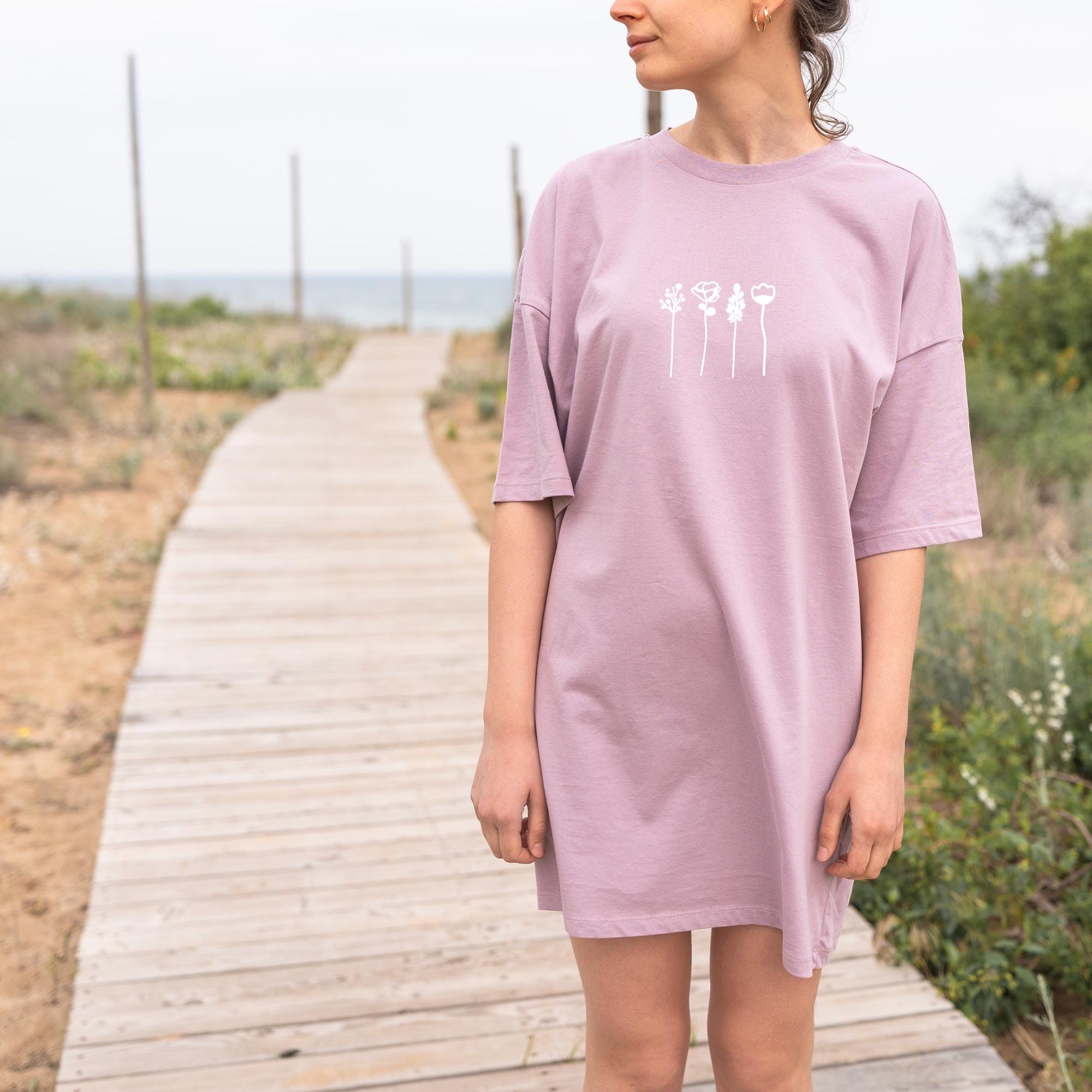 Oversized Organic Cotton T-Shirt Dress - Minimalist Floral Print