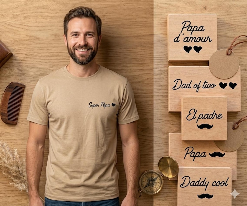 May include: A man wearing a tan t-shirt with "Super Papa" and a heart graphic. Wooden blocks with phrases like "Papa d'amour," "Dad of two," and "Daddy cool" are displayed. A comb, compass, and decorative elements are also visible.