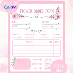 Modulo d'ordine per fiori per titolari di attività di fioristi, stampabile, modello di foglio organizzativo, monitoraggio clienti, regalo per la personalizzazione del bouquet su Canva