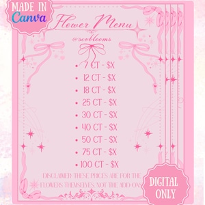 Paquete de negocios de floristería para Instagram Plantilla de menú de flores Publicación de IG Personalización de Canva Contenido Precios de floristería para dueños de negocios Menú rosa