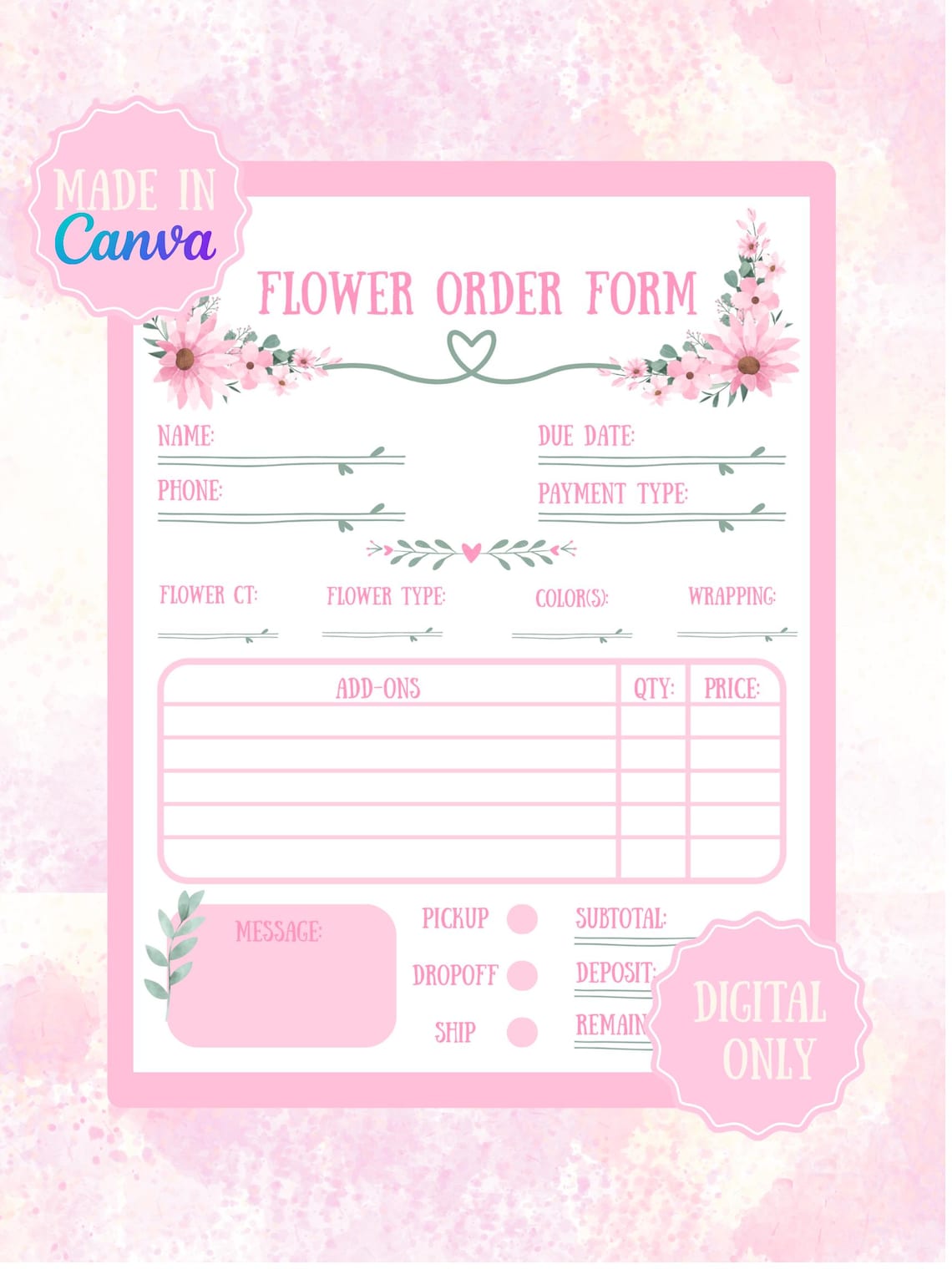 Flower Order Form for Florist Business Owners Printable Organization ...
