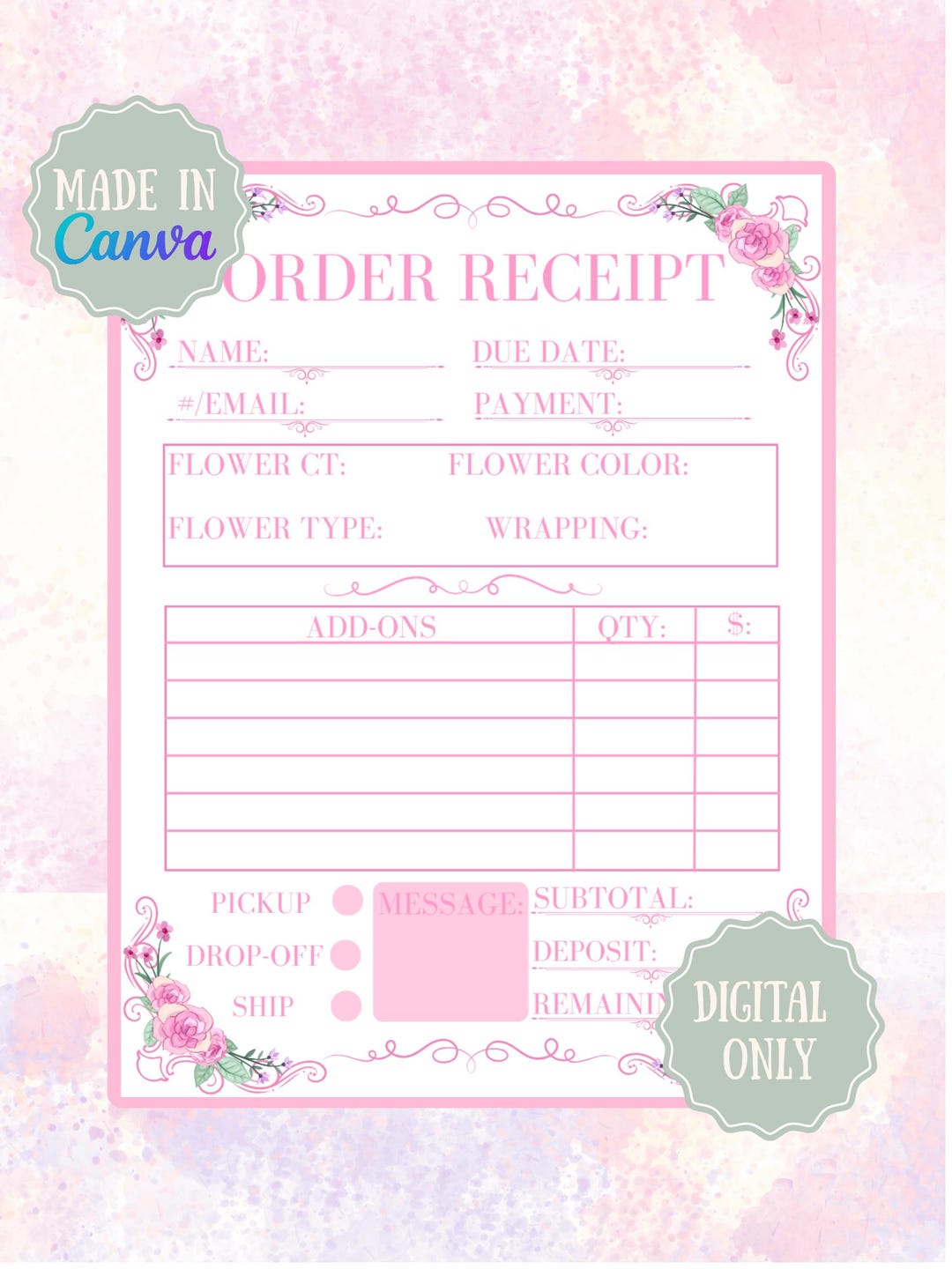Flower Order Receipt for Florist Business Owners Printable Organization ...