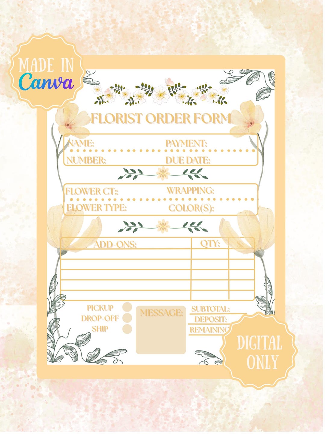 Flower Order Form for Florist Business Owners,printable, Organization ...