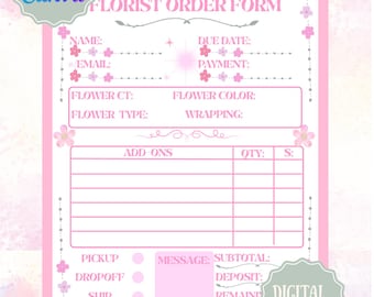 Flower Order Form for Florist Business Owners Printable Organization Sheet Template Customer Tracker Gift for Bouquet Customization Canva