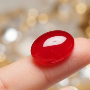 Pode incluir: Uma pedra preciosa vermelha translúcida de formato oval com uma superfície polida. A pedra apresenta um tom carmesim profundo e vibrante e um corte cabochão arredondado que reflete a luz, criando um brilho branco na superfície curva.