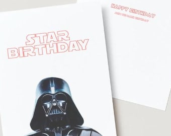 May include: A birthday card featuring Darth Vader from Star Wars. The card has the text "STAR BIRTHDAY" in red and white. The inside of the card is blank.