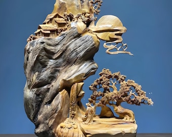 Handmade Chinese Cliff Cypress Wood Sculpture – Natural Twisted Root Art, Spiritual Gift for Meditation, Feng Shui Desk Decor
