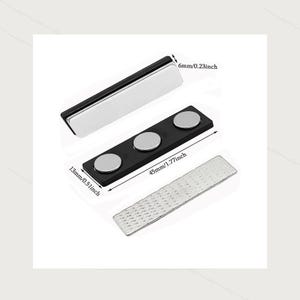 Może przedstawiać: Prostokątne magnetyczne zapięcie do identyfikatora z trzema okrągłymi srebrnymi magnesami na czarnej podstawie, o wymiarach 45 mm na 13 mm na 6 mm, pokazane z oddzielną srebrną metalową płytką samoprzylepną.